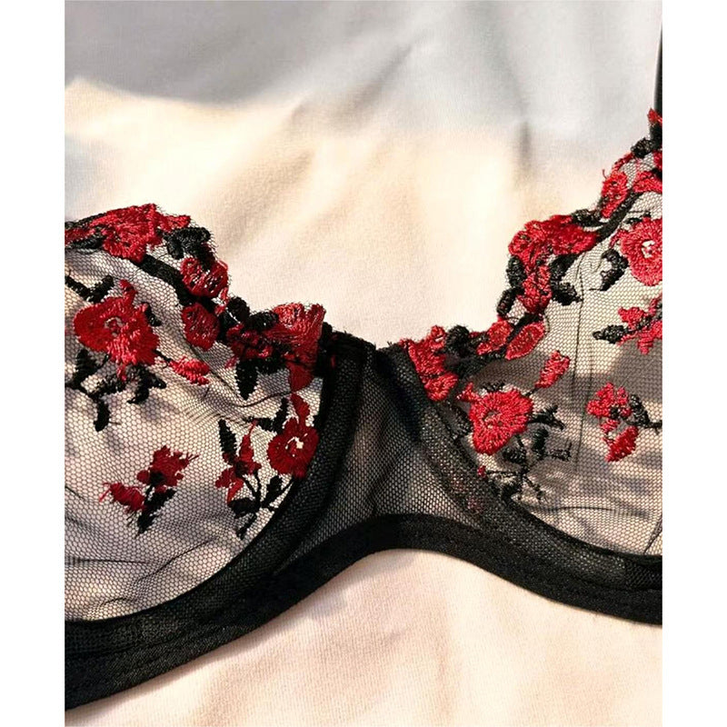 Women's Intimates Sweet and Sexy Low Waist Floral Embroidery Mesh Transparent Lingerie Two-Piece Set - StripSilk