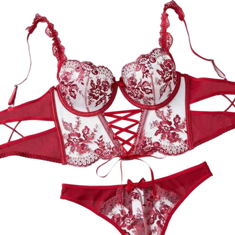 Sexy Floral Lingerie Set - Mesh Embroidered Cross-Tie Design for Women - StripSilk