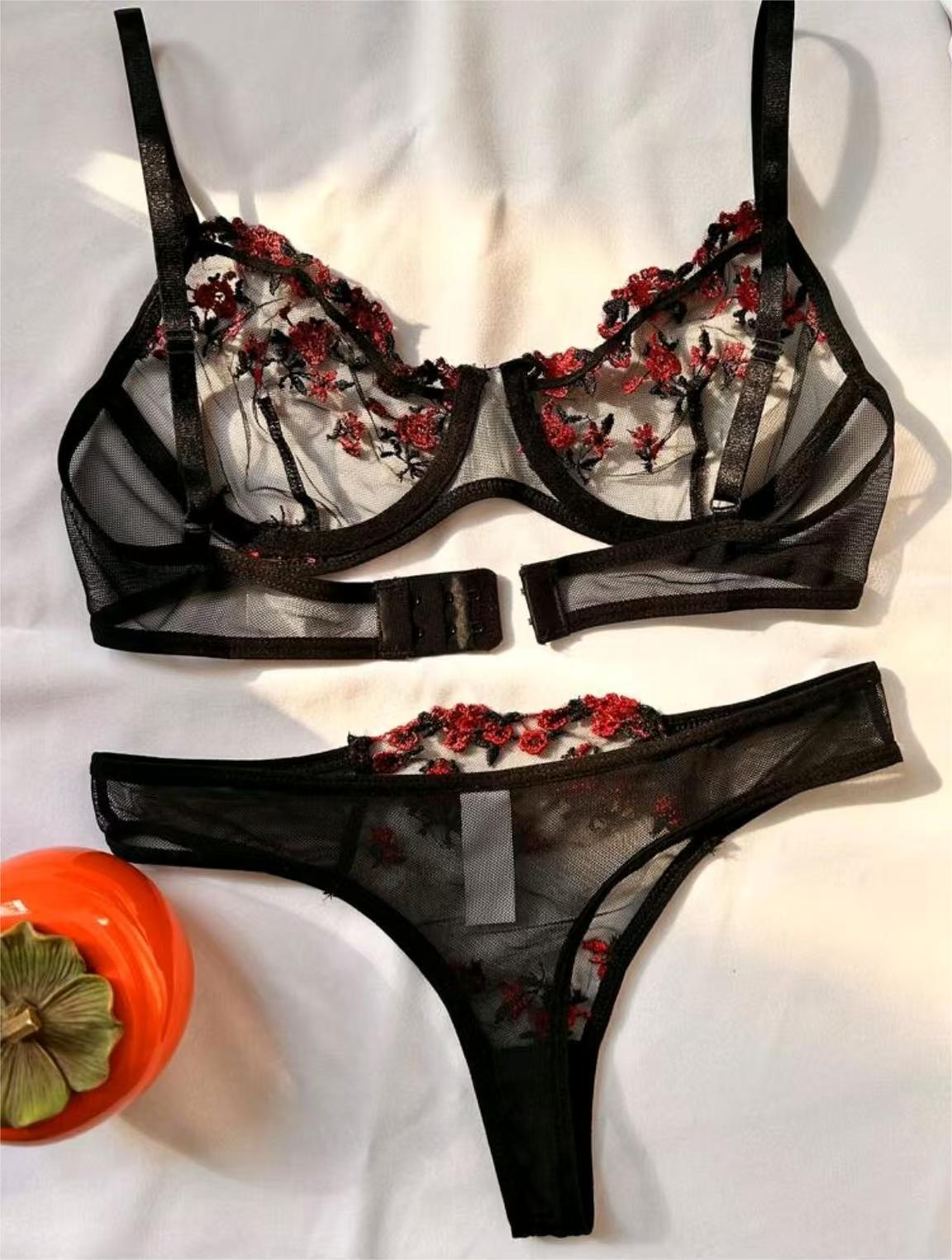 Women's Intimates Sweet and Sexy Low Waist Floral Embroidery Mesh Transparent Lingerie Two-Piece Set - StripSilk