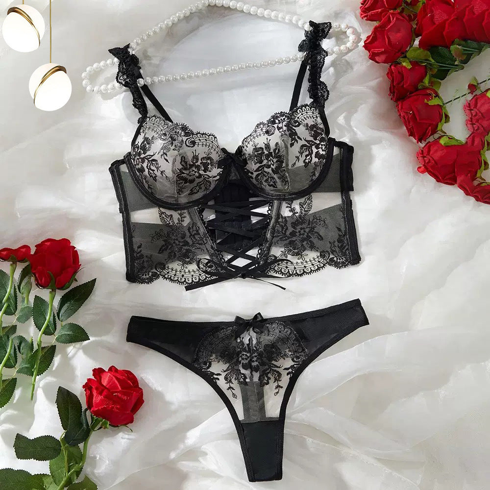 Sexy Floral Lingerie Set - Mesh Embroidered Cross-Tie Design for Women - StripSilk
