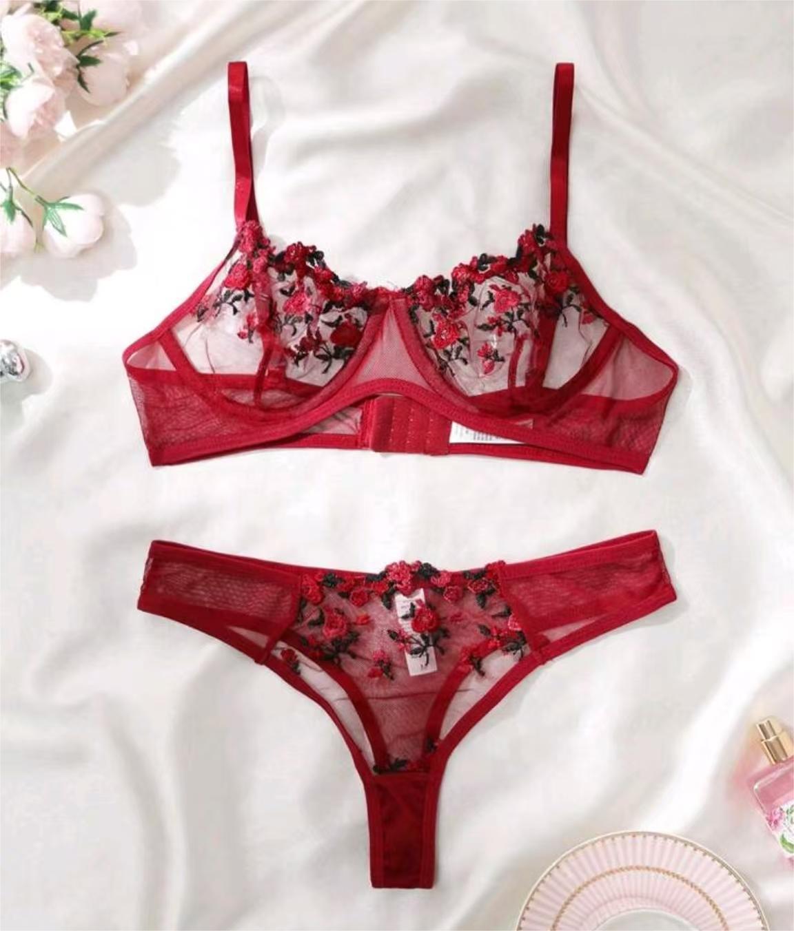 Women's Intimates Sweet and Sexy Low Waist Floral Embroidery Mesh Transparent Lingerie Two-Piece Set - StripSilk