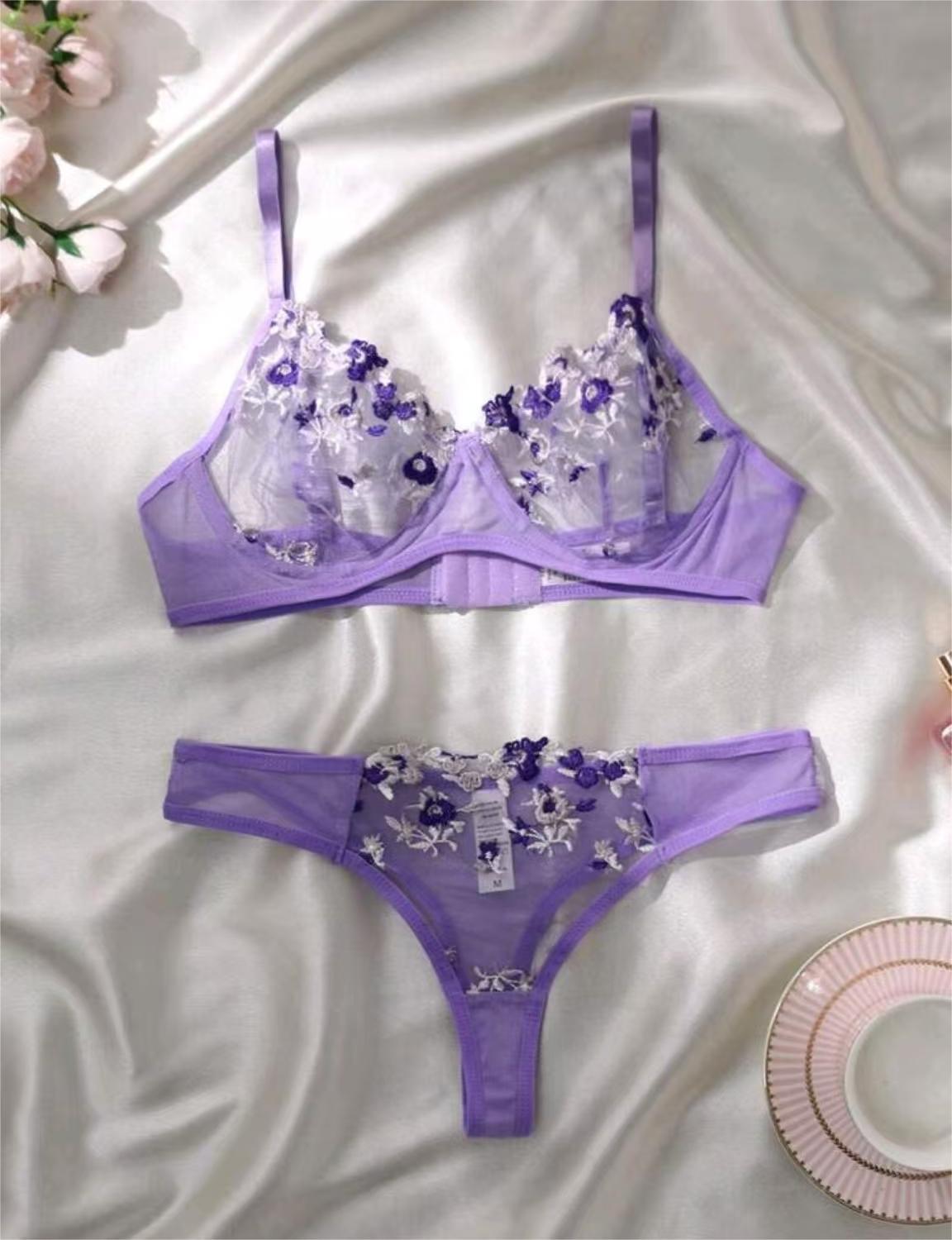 Women's Intimates Sweet and Sexy Low Waist Floral Embroidery Mesh Transparent Lingerie Two-Piece Set - StripSilk