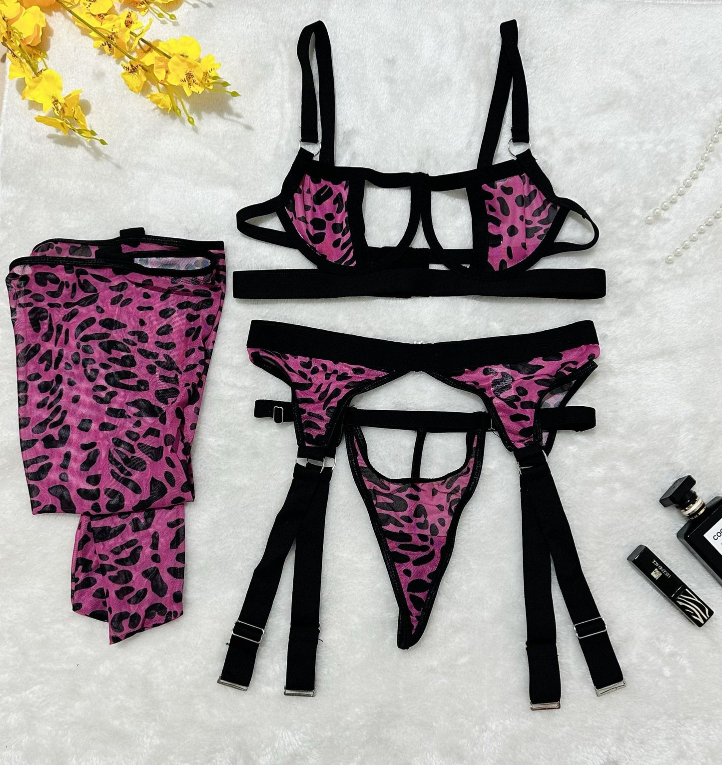 Wild Leopard Print Mesh Hollow-out Sexy Lingerie Four-piece Set with Thigh-high Socks - StripSilk