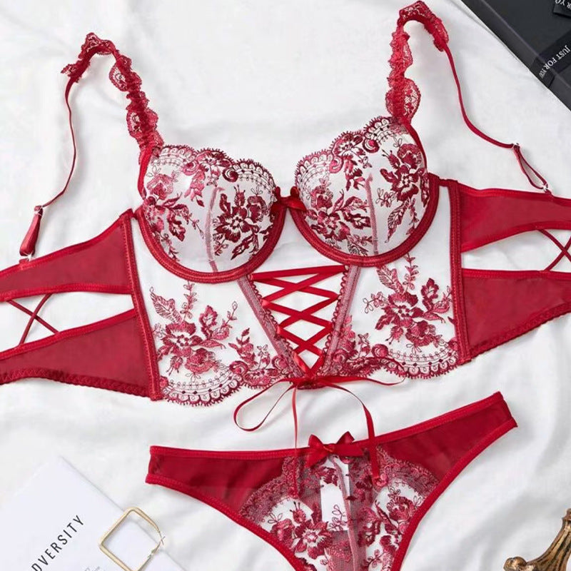 Sexy Floral Lingerie Set - Mesh Embroidered Cross-Tie Design for Women - StripSilk