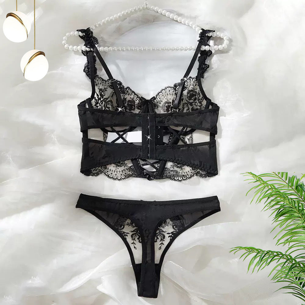 Sexy Floral Lingerie Set - Mesh Embroidered Cross-Tie Design for Women - StripSilk