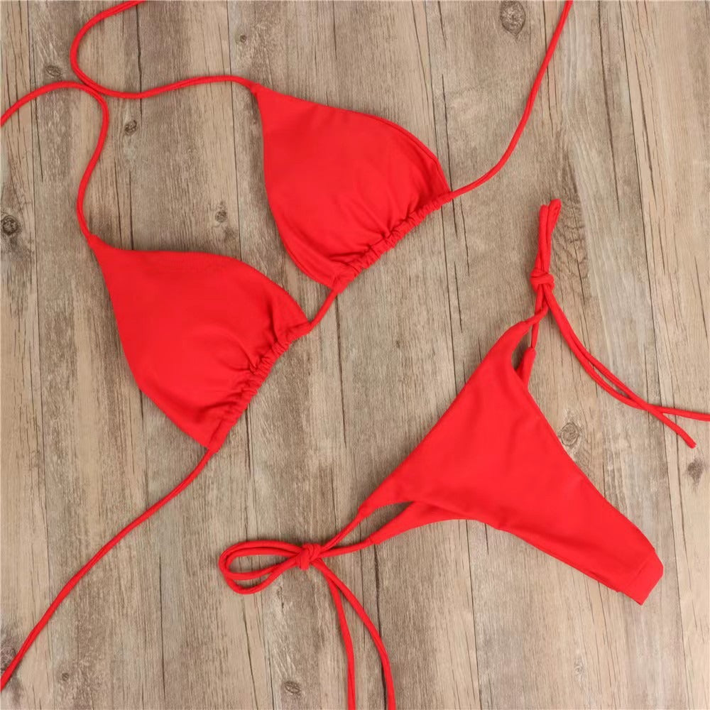 New European and American Bikini Swimsuit Solid Color Foreign Trade Three Point Sexy Swimsuit Women's Split Adjustable Lacing - StripSilk