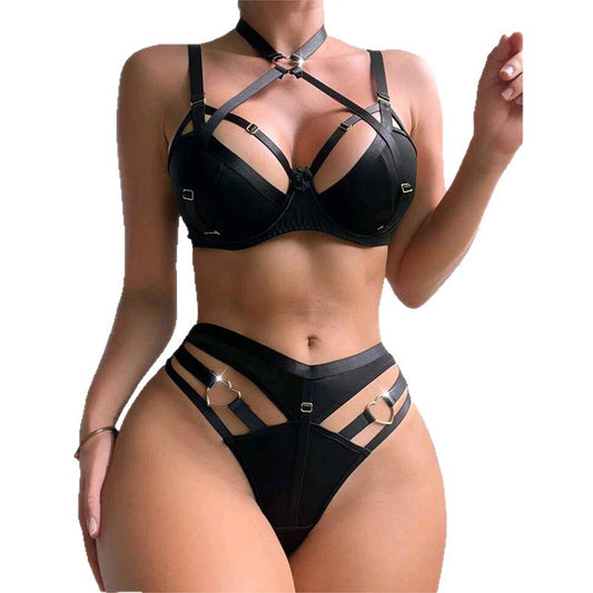 Sexy Lingerie Set Two-Piece Hollow Out Black Sheer Transparent Suit for Women - StripSilk