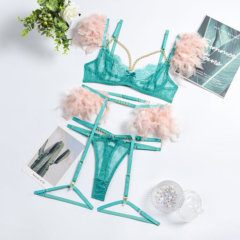 Feather Sexy Lingerie with Chain Lace Transparent Mesh Set for Women - StripSilk