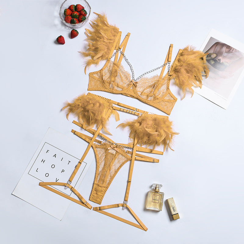 Feather Sexy Lingerie with Chain Lace Transparent Mesh Set for Women - StripSilk