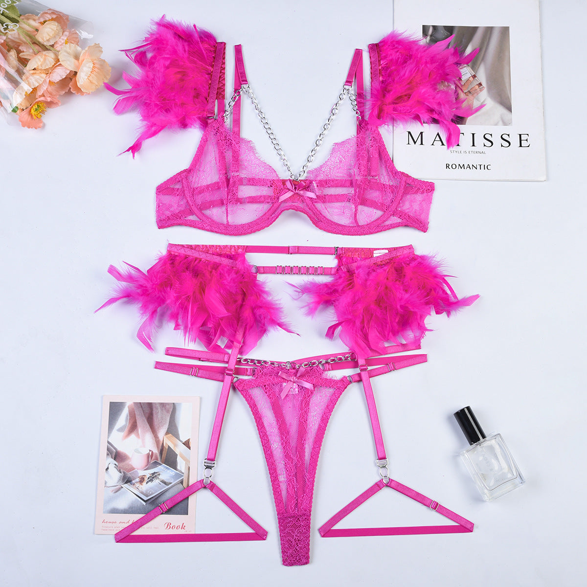 Feather Sexy Lingerie with Chain Lace Transparent Mesh Set for Women - StripSilk