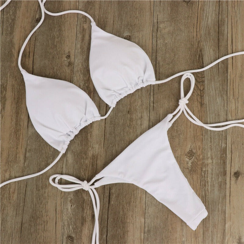 New European and American Bikini Swimsuit Solid Color Foreign Trade Three Point Sexy Swimsuit Women's Split Adjustable Lacing - StripSilk