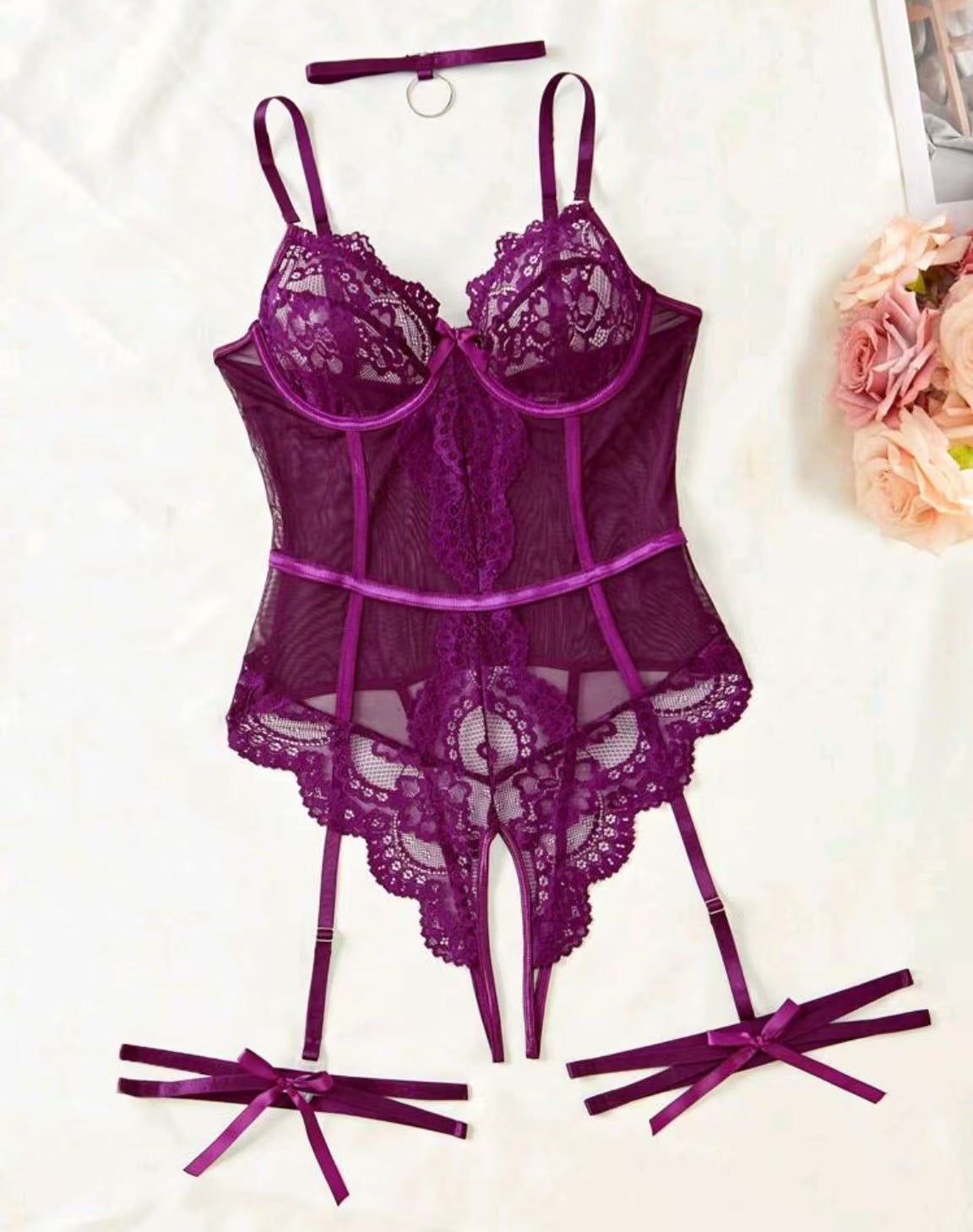 Lace Suspender Girdle Bodysuit - Waist-Cinching French Style Shapewear Sexy Bedwear Set - StripSilk