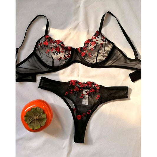 Women's Intimates Sweet and Sexy Low Waist Floral Embroidery Mesh Transparent Lingerie Two-Piece Set - StripSilk
