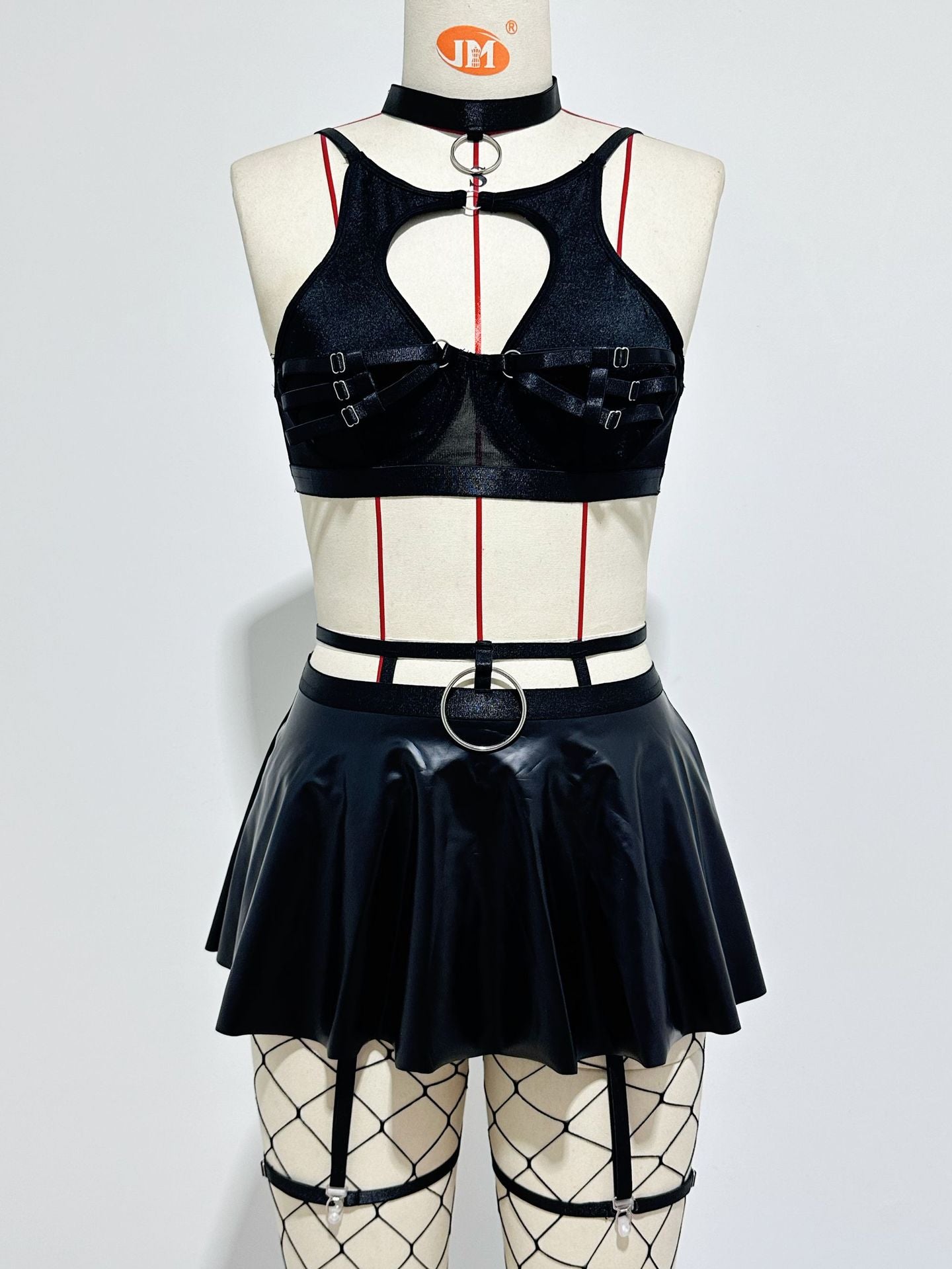 Lace Sexy Lingerie Set with Bra, Solid Color Leather Skirt, and Fishnet Stockings for Women - StripSilk