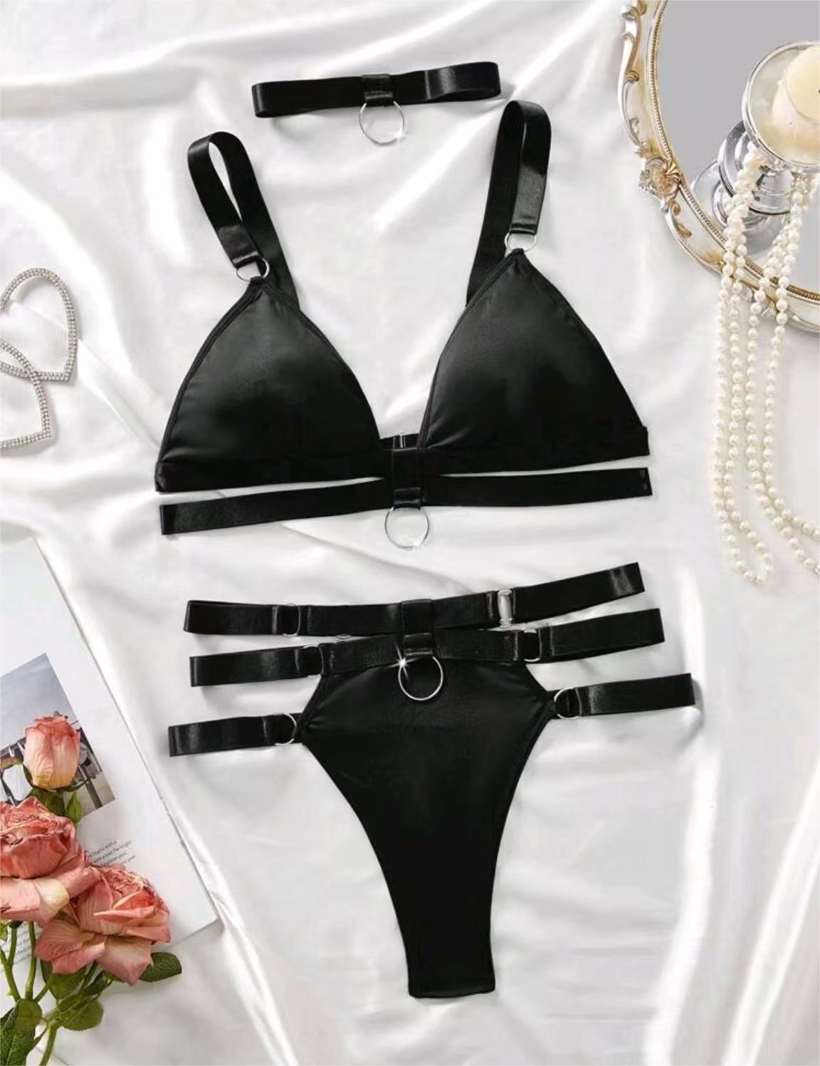 Cross-border Bikini Set V-neck Gathered Milk Silk Lingerie with Metal Accessories - StripSilk