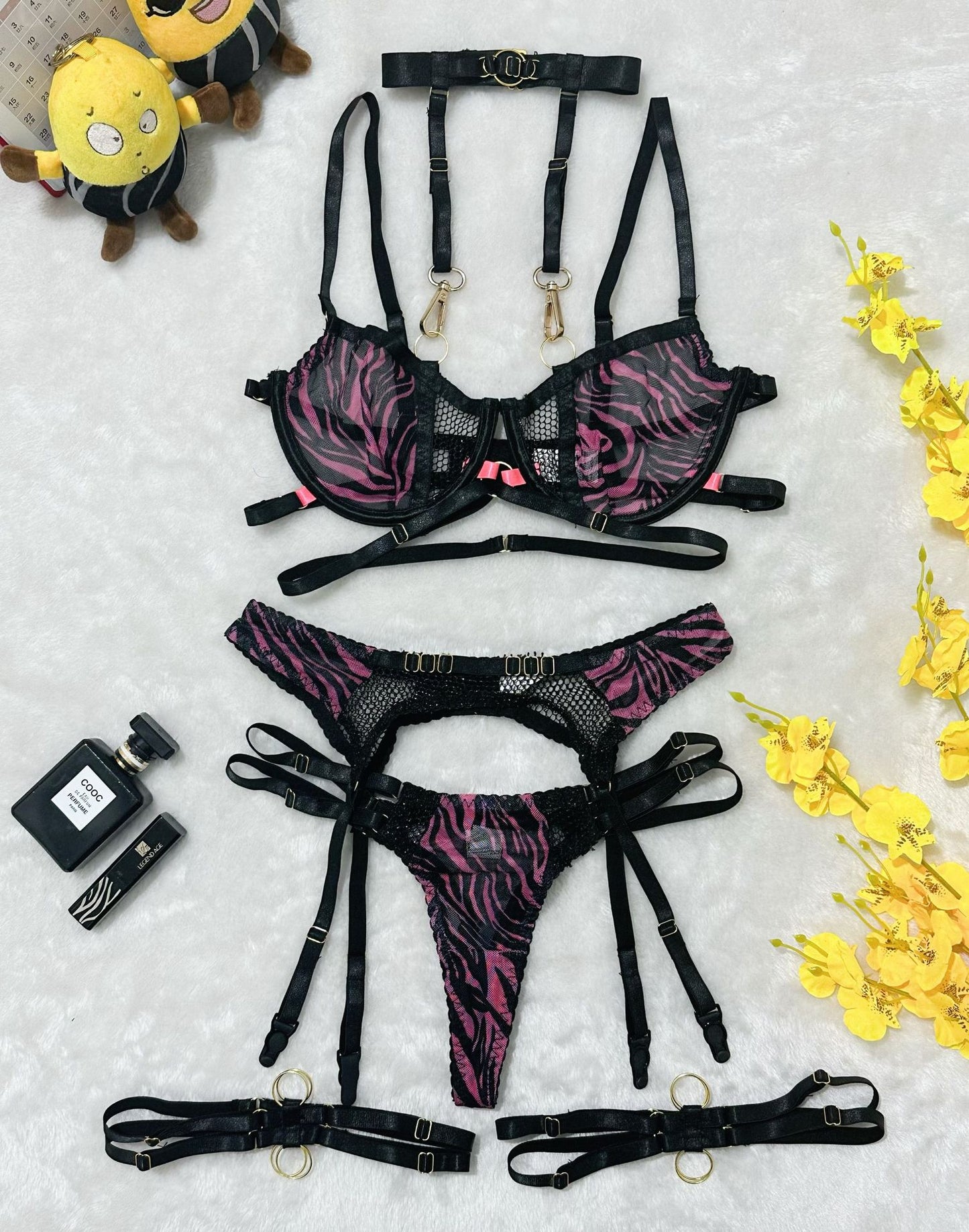 Zebra Print Lingerie Set with Halter Mesh and Detachable Straps - StripSilk