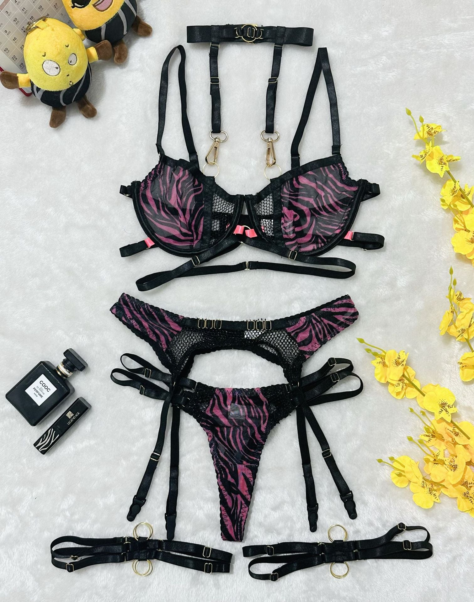 Zebra Print Lingerie Set with Halter Mesh and Detachable Straps - StripSilk