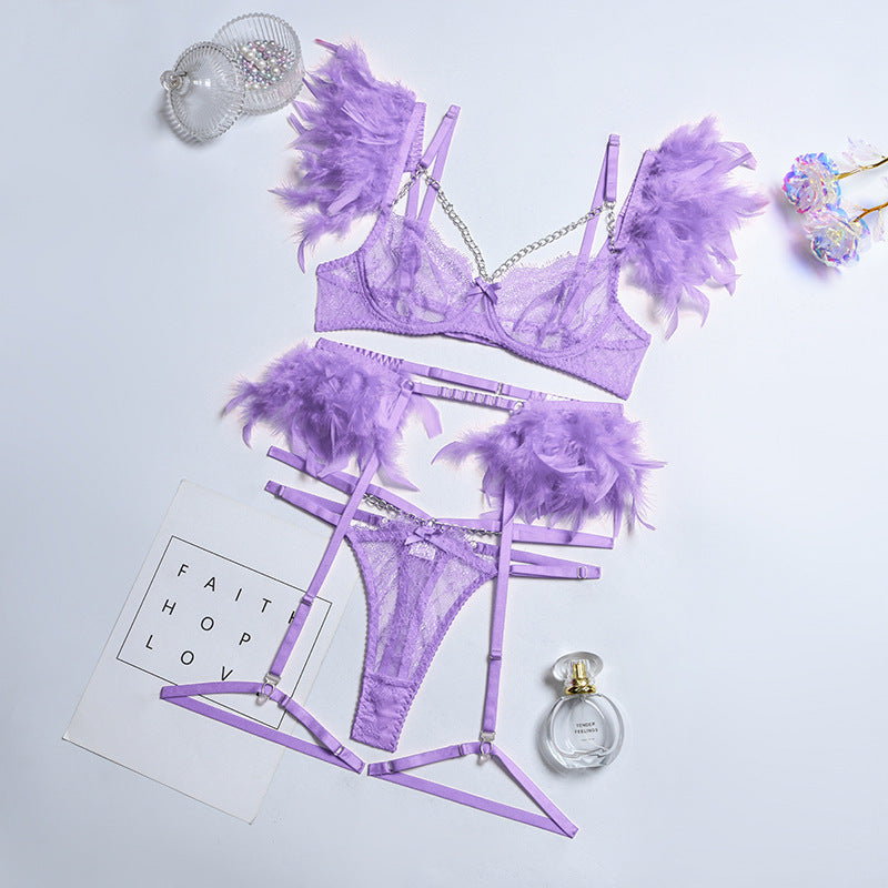 Feather Sexy Lingerie with Chain Lace Transparent Mesh Set for Women - StripSilk