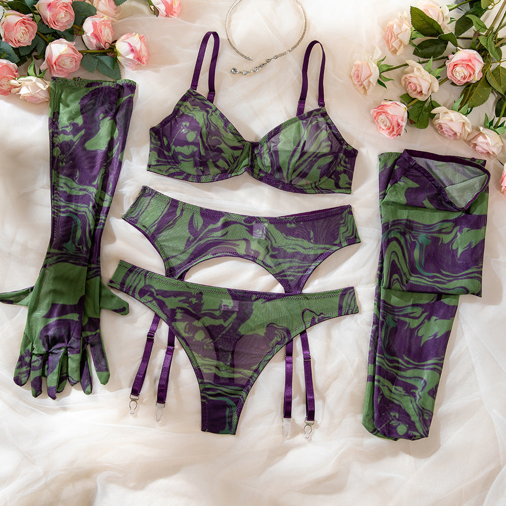 Erotic Lingerie Set with Gloves and Socks - Sexy Underwear with Lace and Printed Fabric - StripSilk