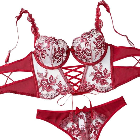 Sexy Floral Lingerie Set - Mesh Embroidered Cross-Tie Design for Women - StripSilk
