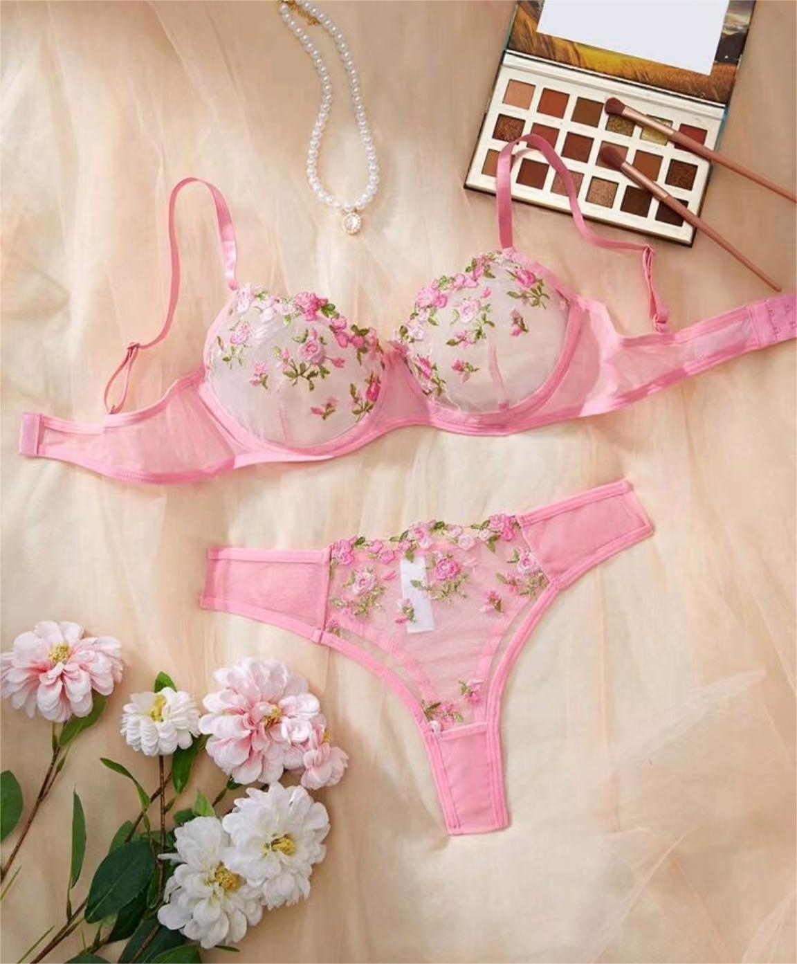 Women's Intimates Sweet and Sexy Low Waist Floral Embroidery Mesh Transparent Lingerie Two-Piece Set - StripSilk