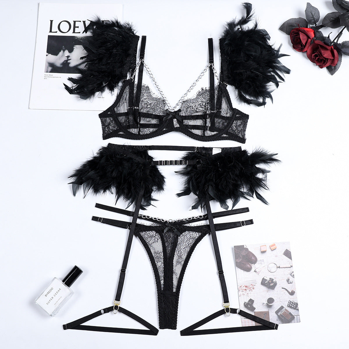 Feather Sexy Lingerie with Chain Lace Transparent Mesh Set for Women - StripSilk