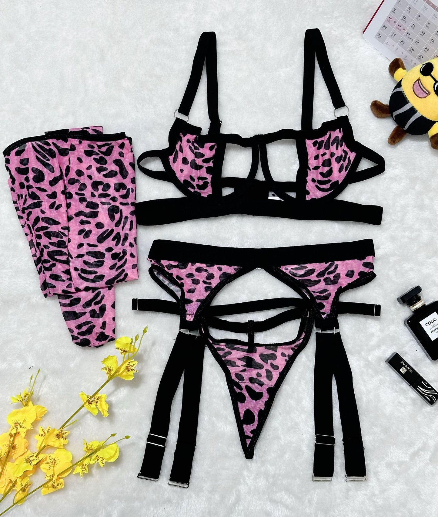 Wild Leopard Print Mesh Hollow-out Sexy Lingerie Four-piece Set with Thigh-high Socks - StripSilk
