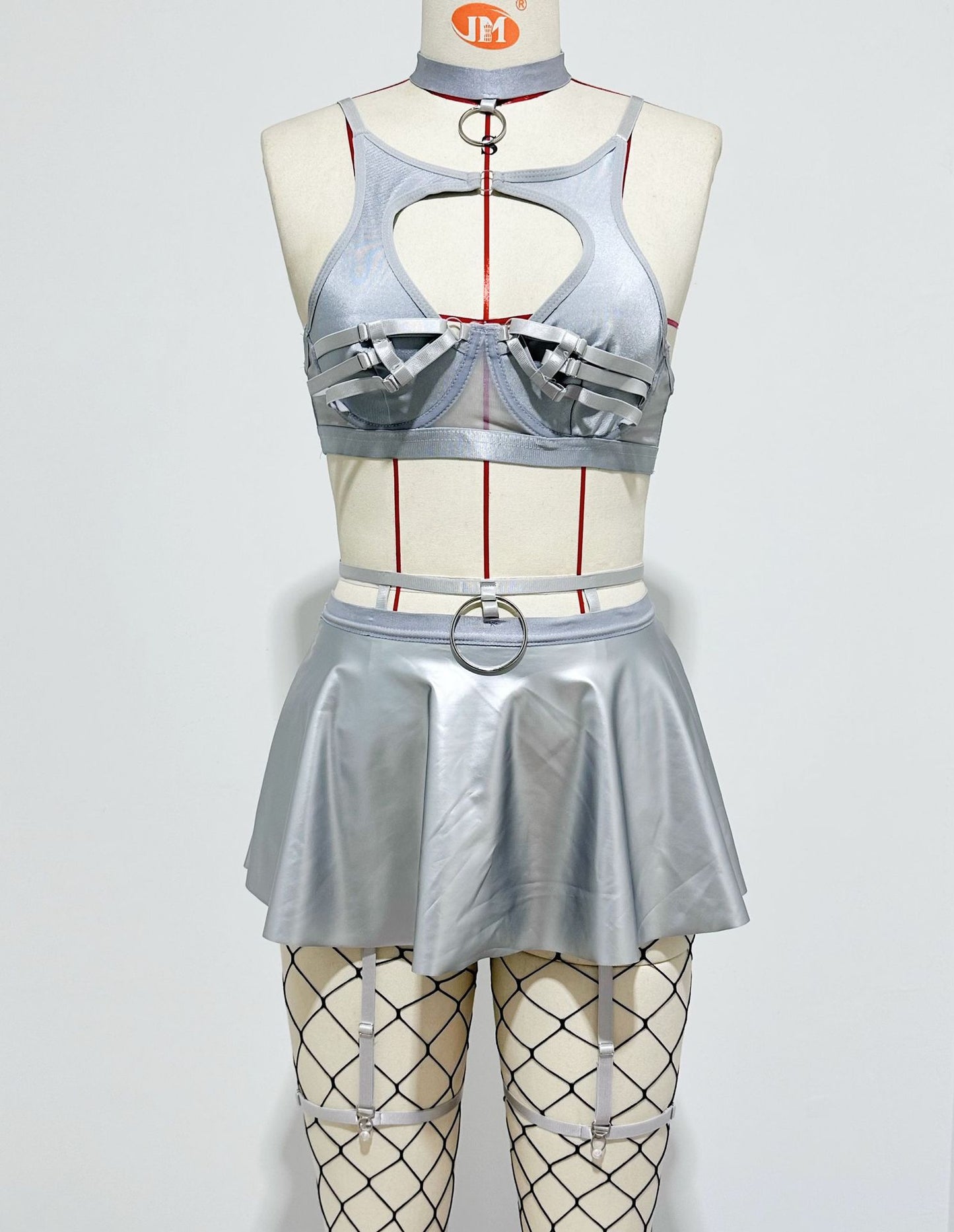 Lace Sexy Lingerie Set with Bra, Solid Color Leather Skirt, and Fishnet Stockings for Women - StripSilk