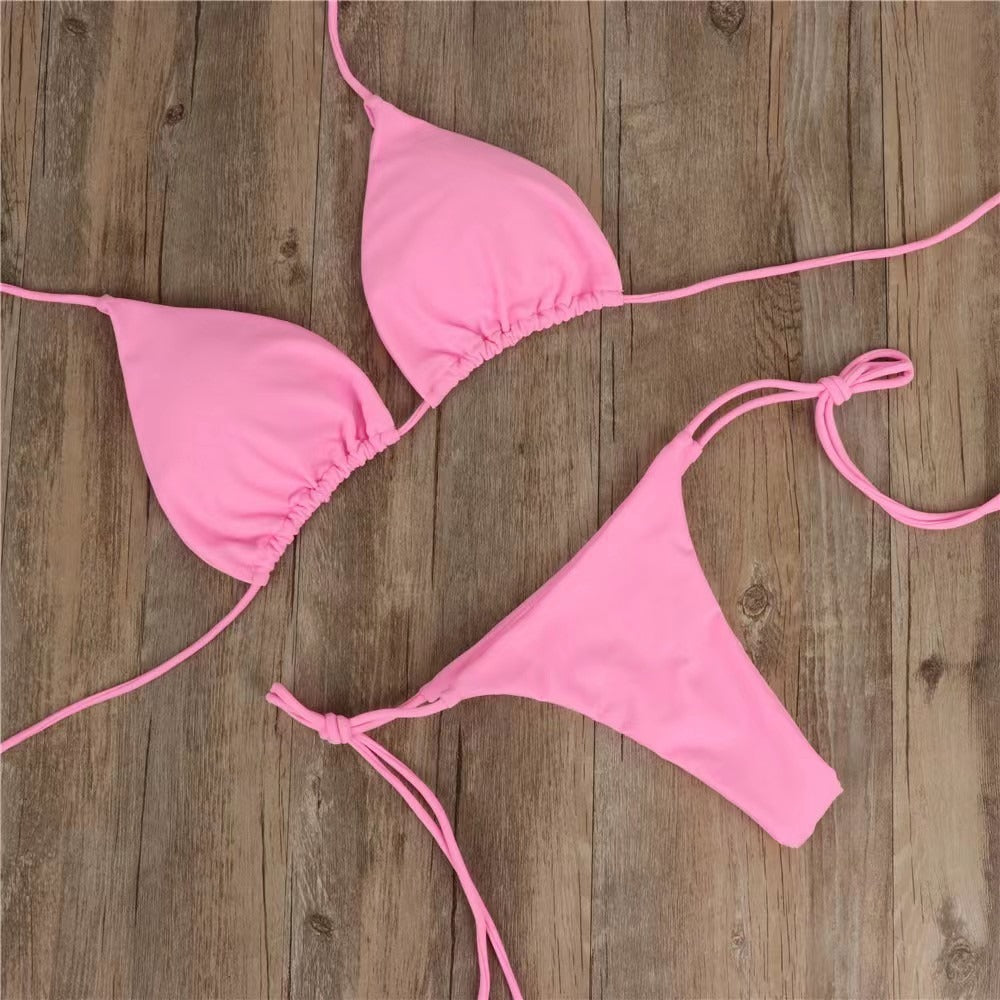 New European and American Bikini Swimsuit Solid Color Foreign Trade Three Point Sexy Swimsuit Women's Split Adjustable Lacing - StripSilk