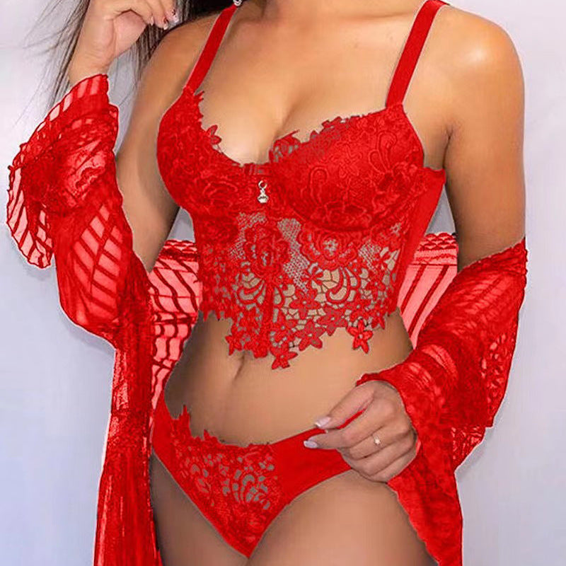 Cross-border Sexy Lace Lingerie Set - Seductive Three-piece Transparent Backless Lace Trim Sleepwear - StripSilk