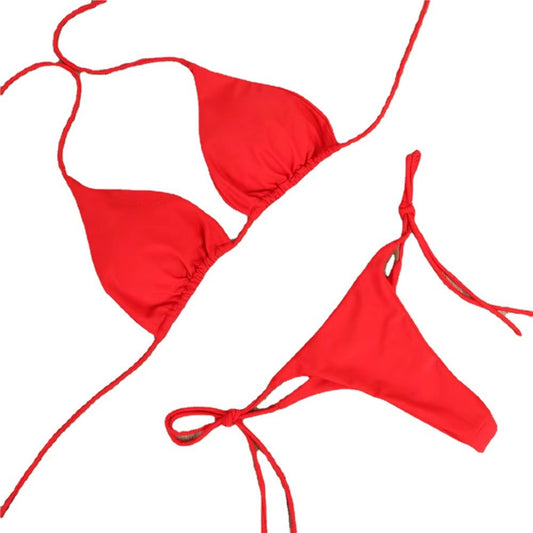 New European and American Bikini Swimsuit Solid Color Foreign Trade Three Point Sexy Swimsuit Women's Split Adjustable Lacing - StripSilk