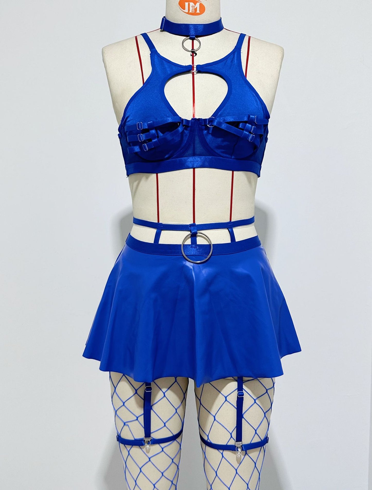 Lace Sexy Lingerie Set with Bra, Solid Color Leather Skirt, and Fishnet Stockings for Women - StripSilk