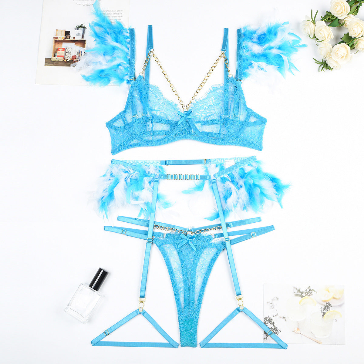 Feather Sexy Lingerie with Chain Lace Transparent Mesh Set for Women - StripSilk
