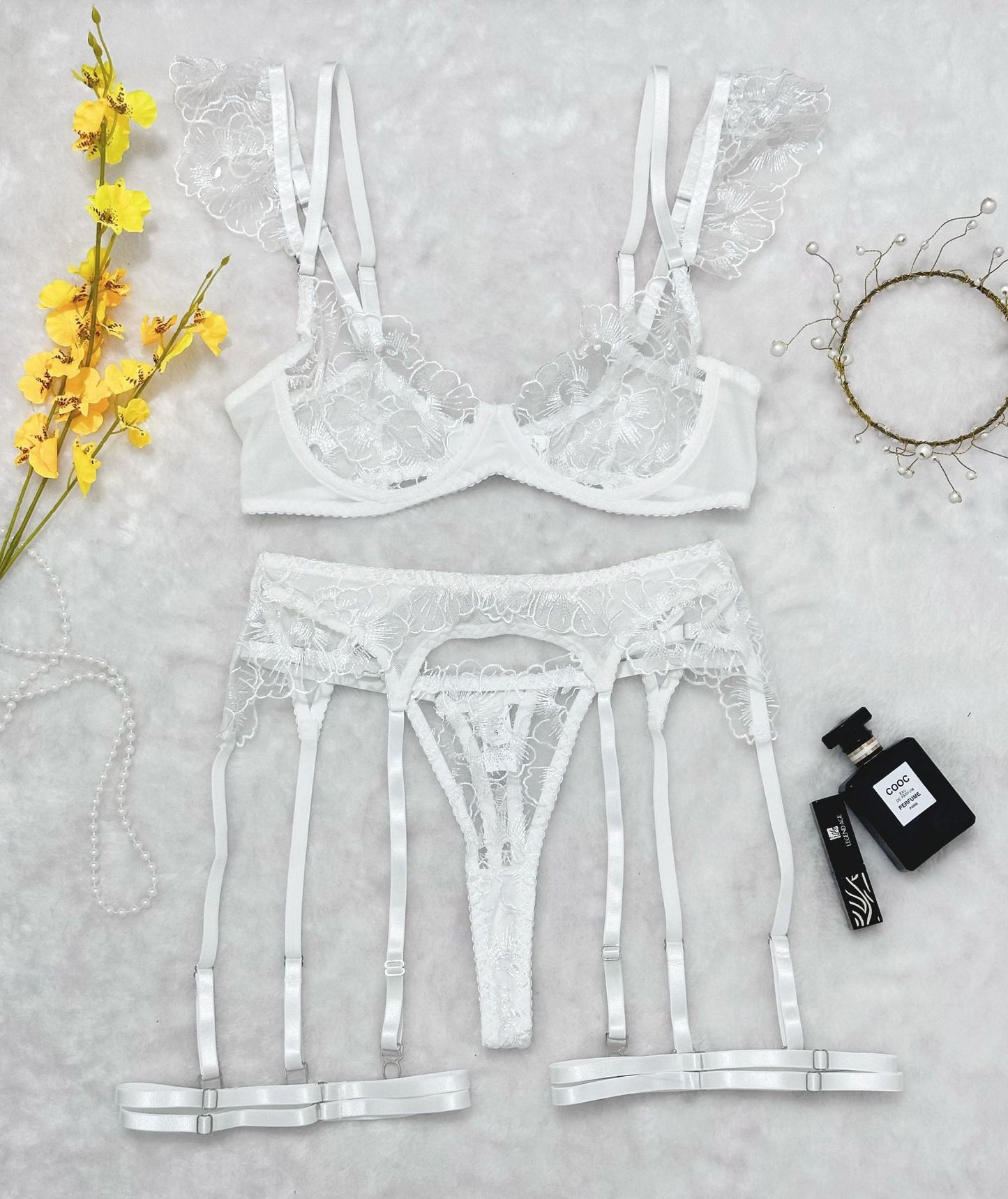 Sexy Lingerie Set with Heavy Embroidery and Sheer Mesh Underwire Bra for Tempting Elegance - StripSilk