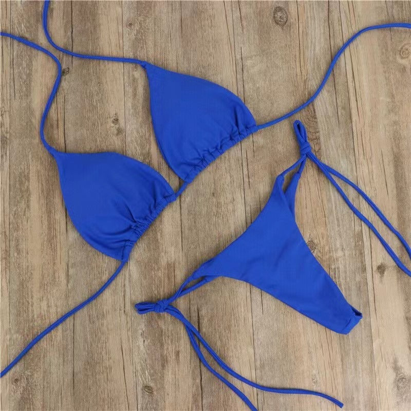 New European and American Bikini Swimsuit Solid Color Foreign Trade Three Point Sexy Swimsuit Women's Split Adjustable Lacing - StripSilk