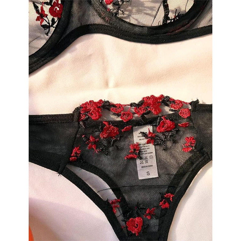 Women's Intimates Sweet and Sexy Low Waist Floral Embroidery Mesh Transparent Lingerie Two-Piece Set - StripSilk