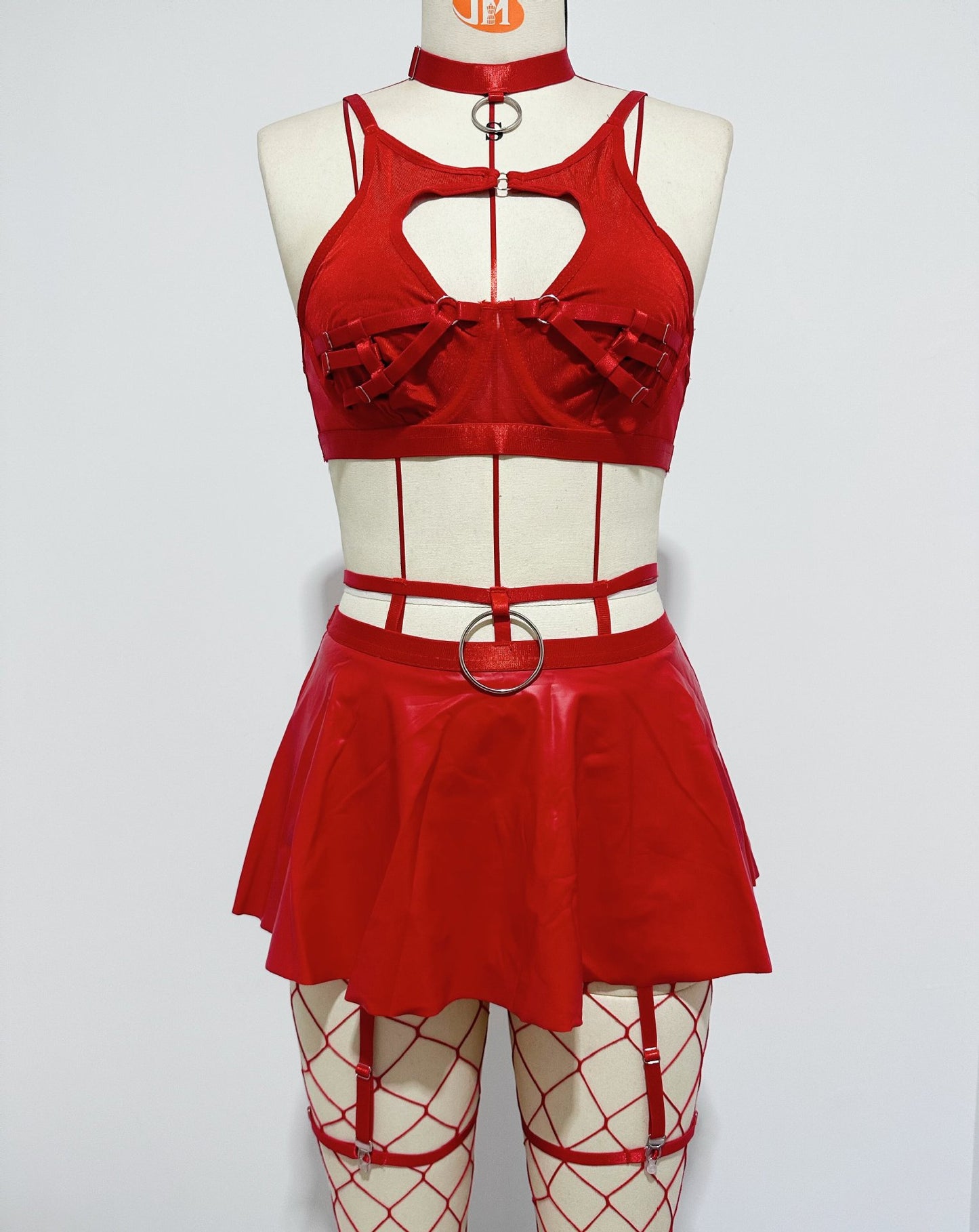 Lace Sexy Lingerie Set with Bra, Solid Color Leather Skirt, and Fishnet Stockings for Women - StripSilk