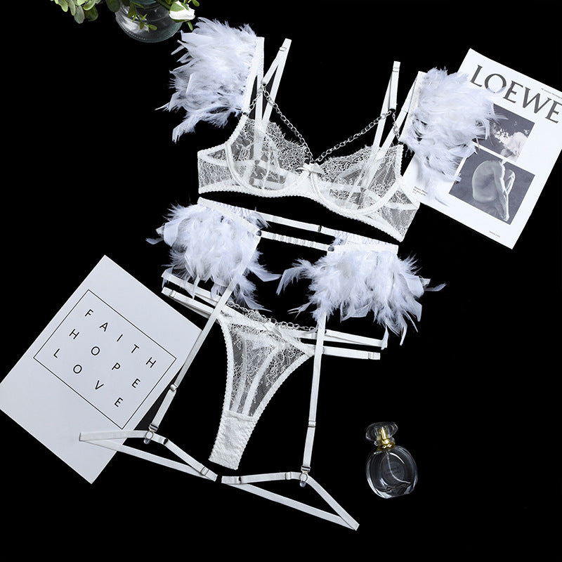 Feather Sexy Lingerie with Chain Lace Transparent Mesh Set for Women - StripSilk