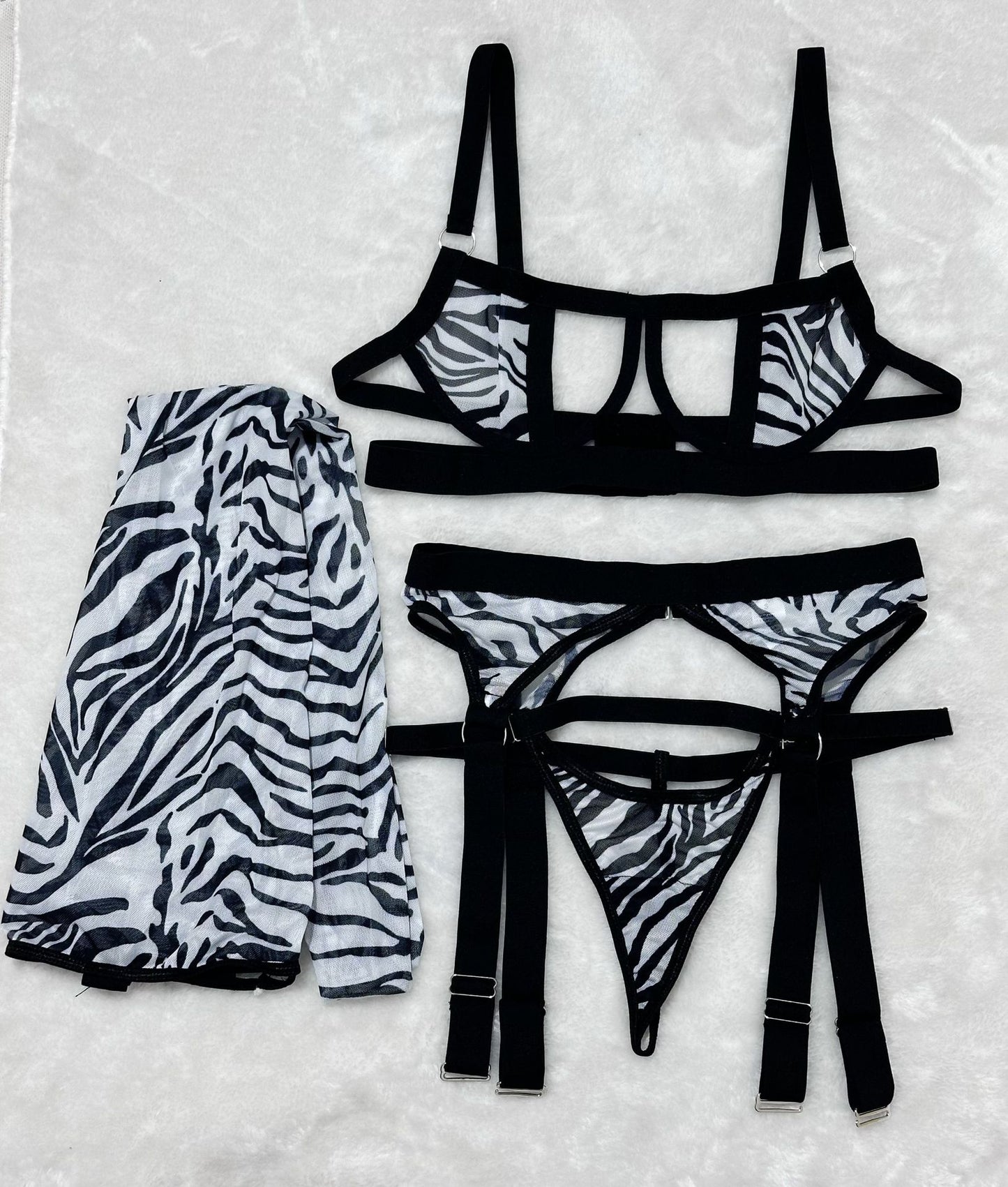 Wild Leopard Print Mesh Hollow-out Sexy Lingerie Four-piece Set with Thigh-high Socks - StripSilk