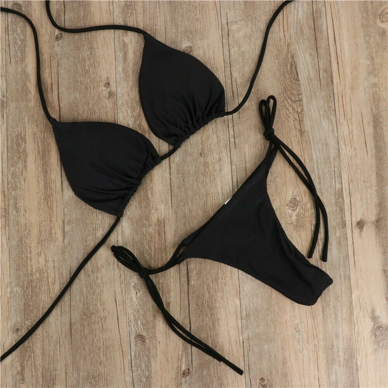 New European and American Bikini Swimsuit Solid Color Foreign Trade Three Point Sexy Swimsuit Women's Split Adjustable Lacing - StripSilk