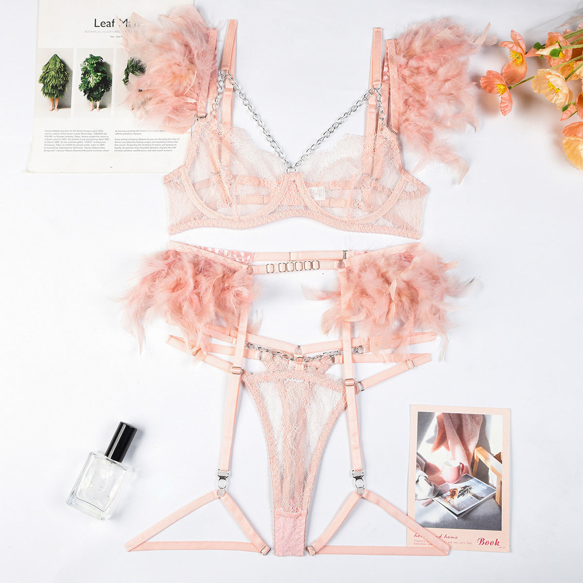 Feather Sexy Lingerie with Chain Lace Transparent Mesh Set for Women - StripSilk