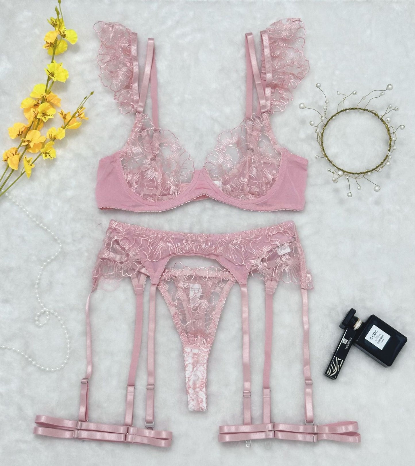 Sexy Lingerie Set with Heavy Embroidery and Sheer Mesh Underwire Bra for Tempting Elegance - StripSilk