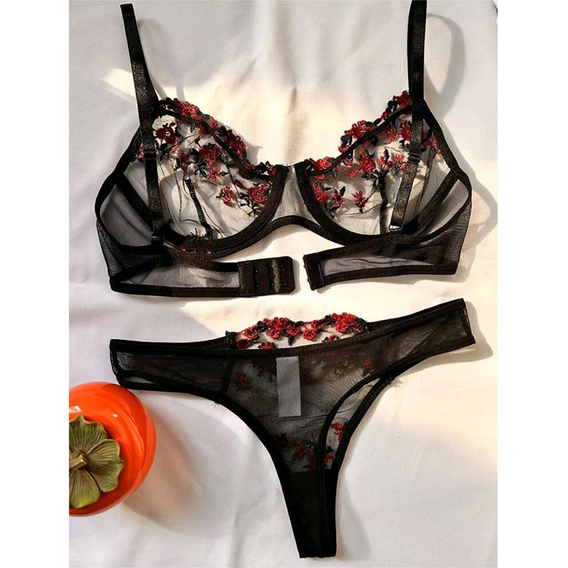 Women's Intimates Sweet and Sexy Low Waist Floral Embroidery Mesh Transparent Lingerie Two-Piece Set - StripSilk