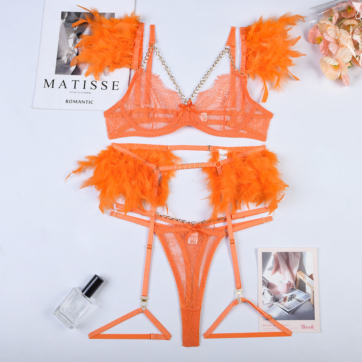 Feather Sexy Lingerie with Chain Lace Transparent Mesh Set for Women - StripSilk