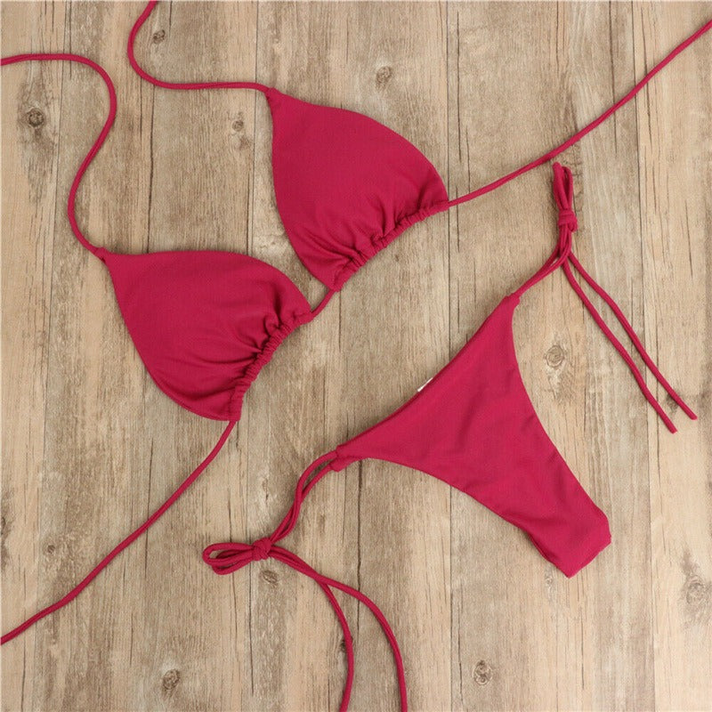 New European and American Bikini Swimsuit Solid Color Foreign Trade Three Point Sexy Swimsuit Women's Split Adjustable Lacing - StripSilk