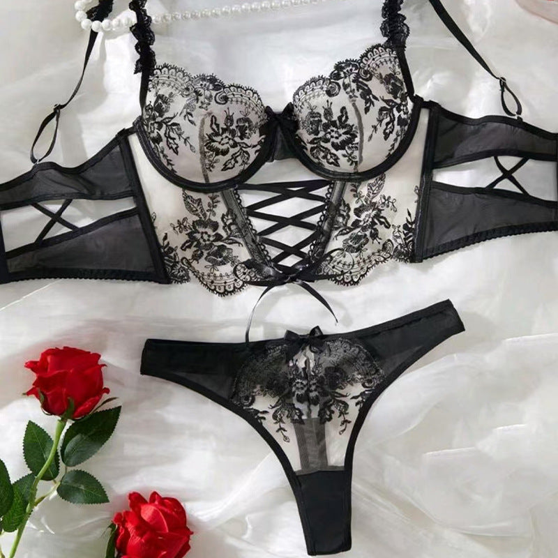 Sexy Floral Lingerie Set - Mesh Embroidered Cross-Tie Design for Women - StripSilk