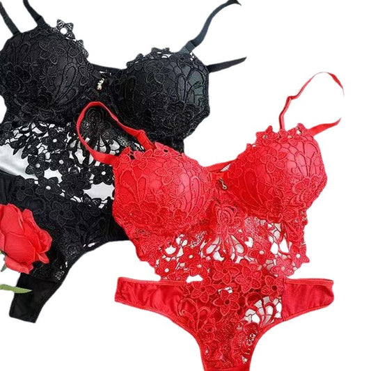Cross-border Sexy Lace Lingerie Set - Seductive Three-piece Transparent Backless Lace Trim Sleepwear - StripSilk