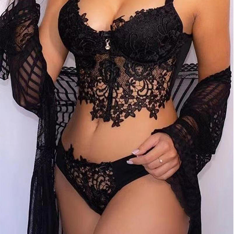 Cross-border Sexy Lace Lingerie Set - Seductive Three-piece Transparent Backless Lace Trim Sleepwear - StripSilk