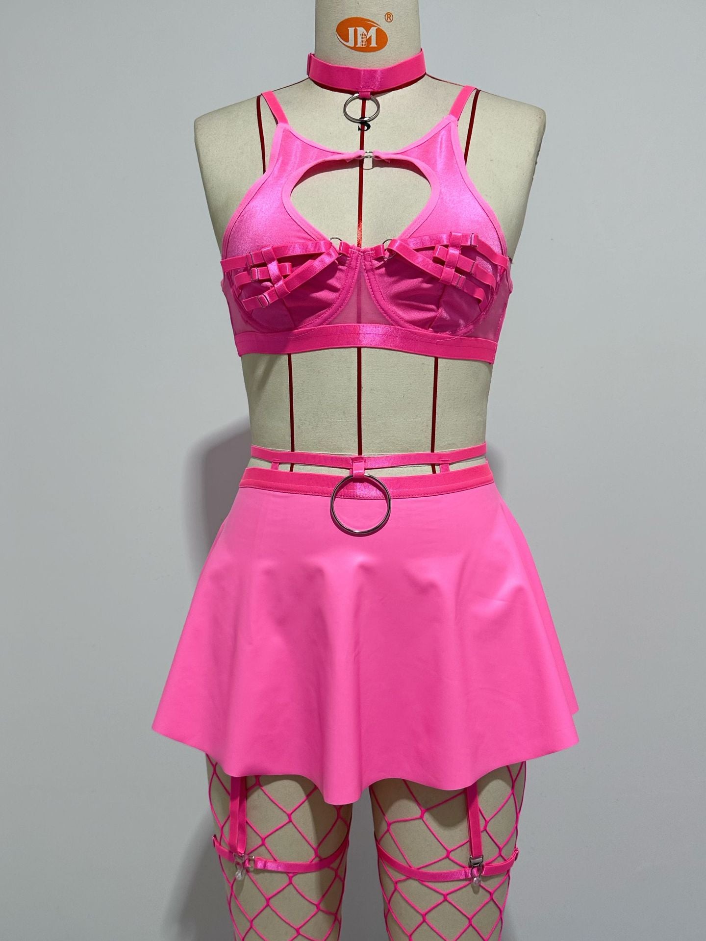 Lace Sexy Lingerie Set with Bra, Solid Color Leather Skirt, and Fishnet Stockings for Women - StripSilk